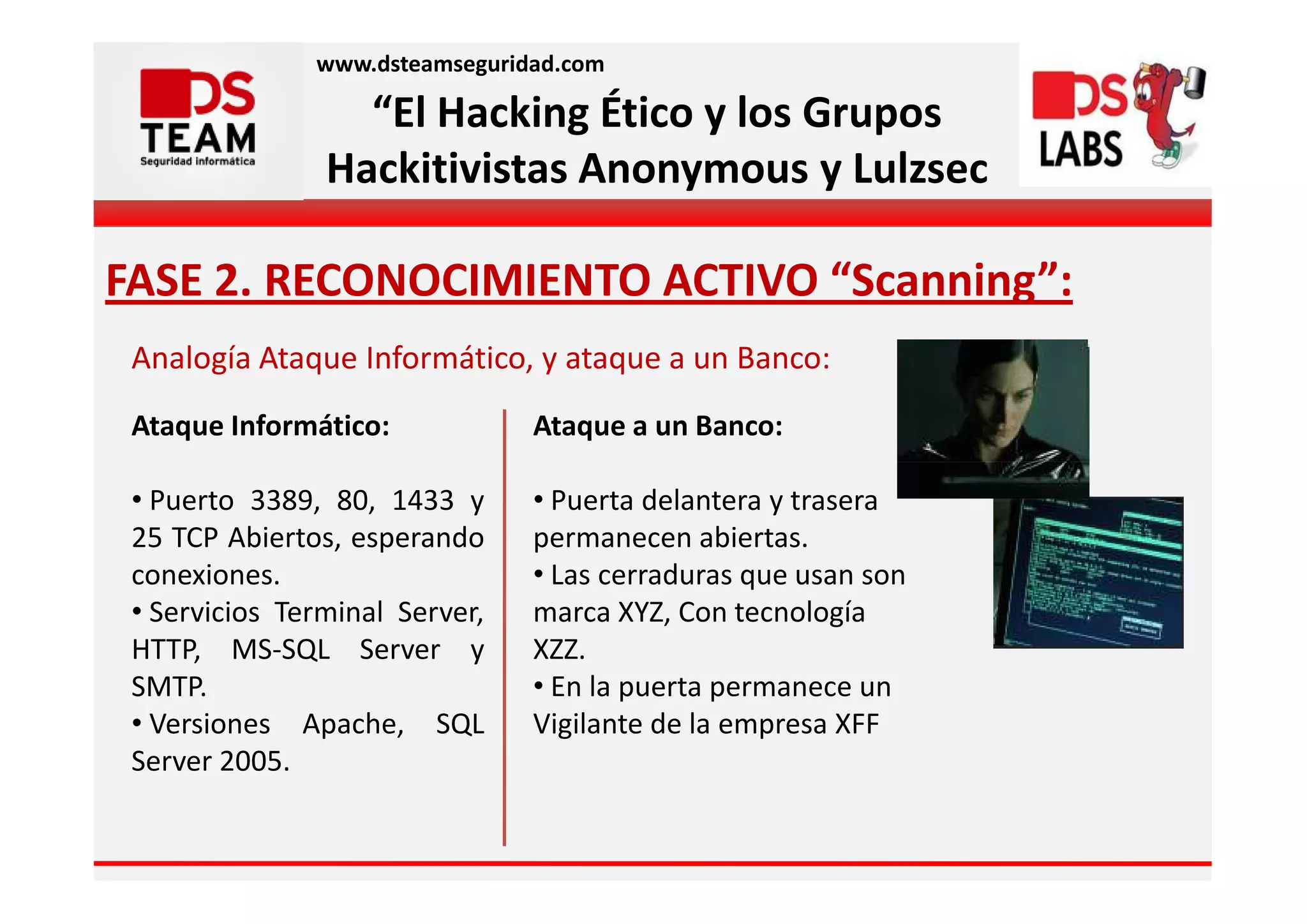 www.dsteamseguridad.com

                  “El Hacking Ético y los Grupos
                Hackitivistas Anonymous y Lulzsec

FASE 2. RECONOCIMIENTO ACTIVO “Scanning”:
 Analogía Ataque Informático, y ataque a un Banco:
 Ataque Informático:            Ataque a un Banco:

 • Puerto 3389, 80, 1433 y      • Puerta delantera y trasera
 25 TCP Abiertos, esperando     permanecen abiertas.
 conexiones.                    • Las cerraduras que usan son
 • Servicios Terminal Server,   marca XYZ, Con tecnología
 HTTP, MS-SQL Server y          XZZ.
 SMTP.                          • En la puerta permanece un
 • Versiones Apache, SQL        Vigilante de la empresa XFF
 Server 2005.
 