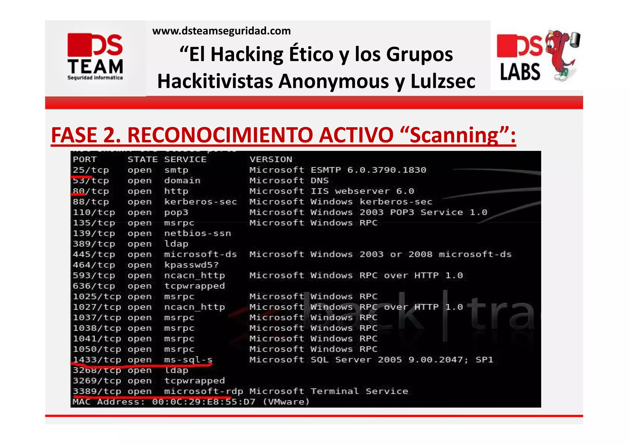 www.dsteamseguridad.com

           “El Hacking Ético y los Grupos
         Hackitivistas Anonymous y Lulzsec

FASE 2. RECONOCIMIENTO ACTIVO “Scanning”:
 