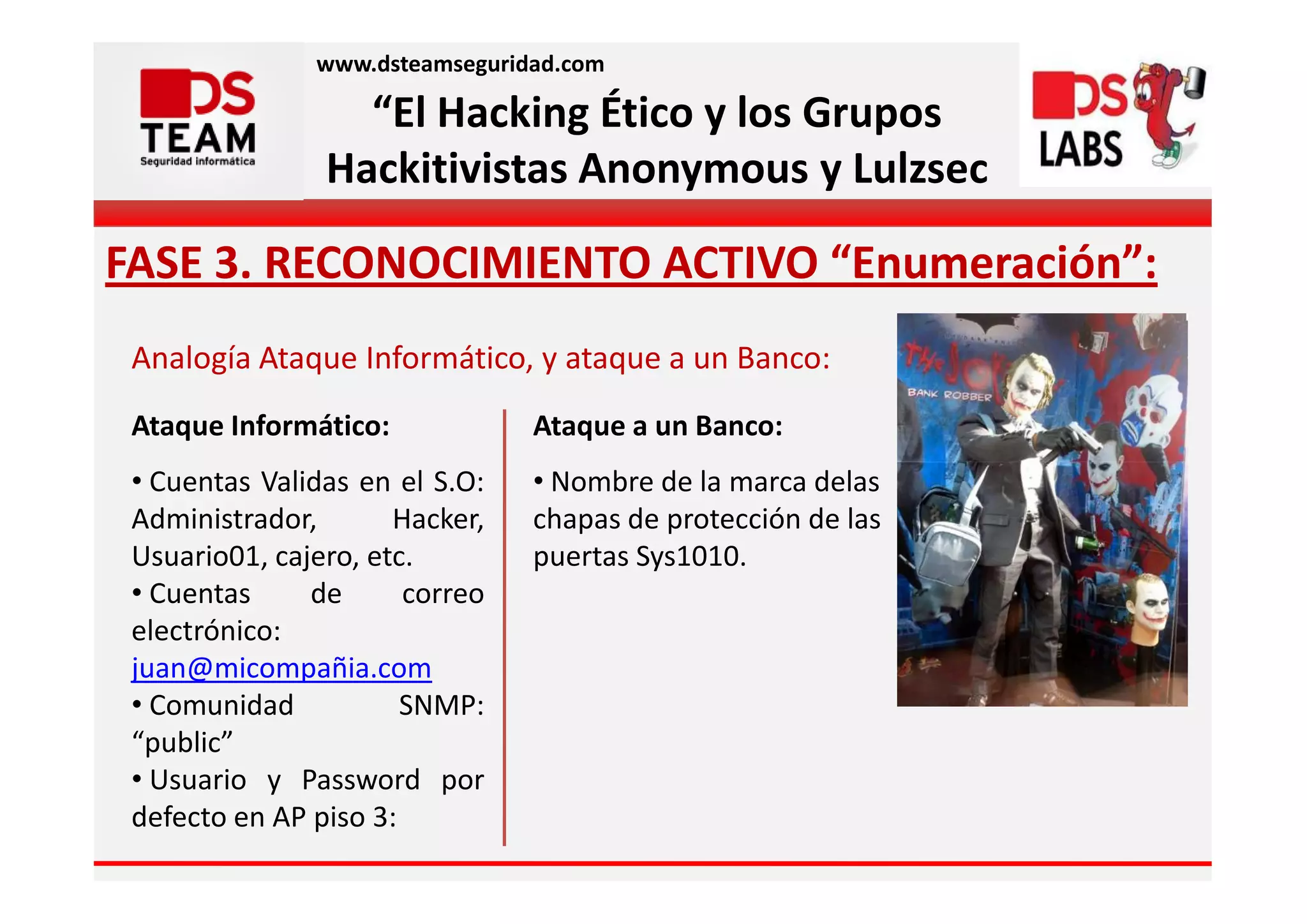 www.dsteamseguridad.com

                  “El Hacking Ético y los Grupos
                Hackitivistas Anonymous y Lulzsec

FASE 3. RECONOCIMIENTO ACTIVO “Enumeración”:
 Analogía Ataque Informático, y ataque a un Banco:
 Ataque Informático:            Ataque a un Banco:
 • Cuentas Validas en el S.O:   • Nombre de la marca delas
 Administrador,       Hacker,   chapas de protección de las
 Usuario01, cajero, etc.        puertas Sys1010.
 • Cuentas     de      correo
 electrónico:
 juan@micompañia.com
 • Comunidad           SNMP:
 “public”
 • Usuario y Password por
 defecto en AP piso 3:
 