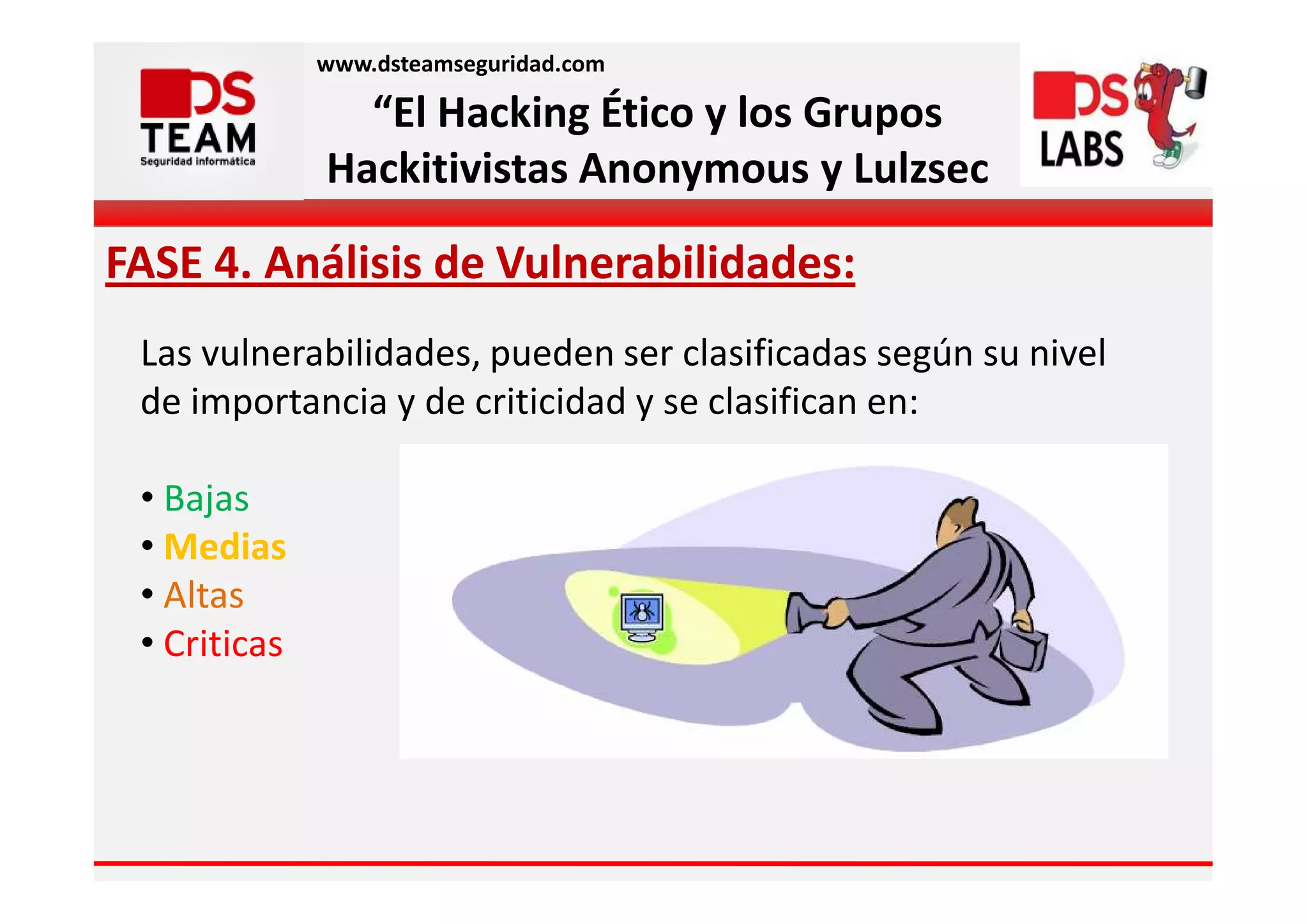 www.dsteamseguridad.com

                “El Hacking Ético y los Grupos
              Hackitivistas Anonymous y Lulzsec

FASE 4. Análisis de Vulnerabilidades:
 Las vulnerabilidades, pueden ser clasificadas según su nivel
 de importancia y de criticidad y se clasifican en:

 • Bajas
 • Medias
 • Altas
 • Criticas
 