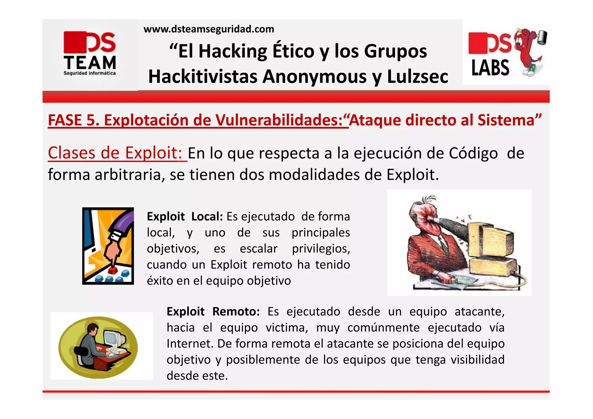 www.dsteamseguridad.com

                “El Hacking Ético y los Grupos
              Hackitivistas Anonymous y Lulzsec

FASE 5. Explotación de Vulnerabilidades:“Ataque directo al Sistema”
Clases de Exploit: En lo que respecta a la ejecución de Código de
forma arbitraria, se tienen dos modalidades de Exploit.

             Exploit Local: Es ejecutado de forma
             local, y uno de sus principales
             objetivos, es escalar privilegios,
             cuando un Exploit remoto ha tenido
             éxito en el equipo objetivo

                 Exploit Remoto: Es ejecutado desde un equipo atacante,
                 hacia el equipo victima, muy comúnmente ejecutado vía
                 Internet. De forma remota el atacante se posiciona del equipo
                 objetivo y posiblemente de los equipos que tenga visibilidad
                 desde este.
 