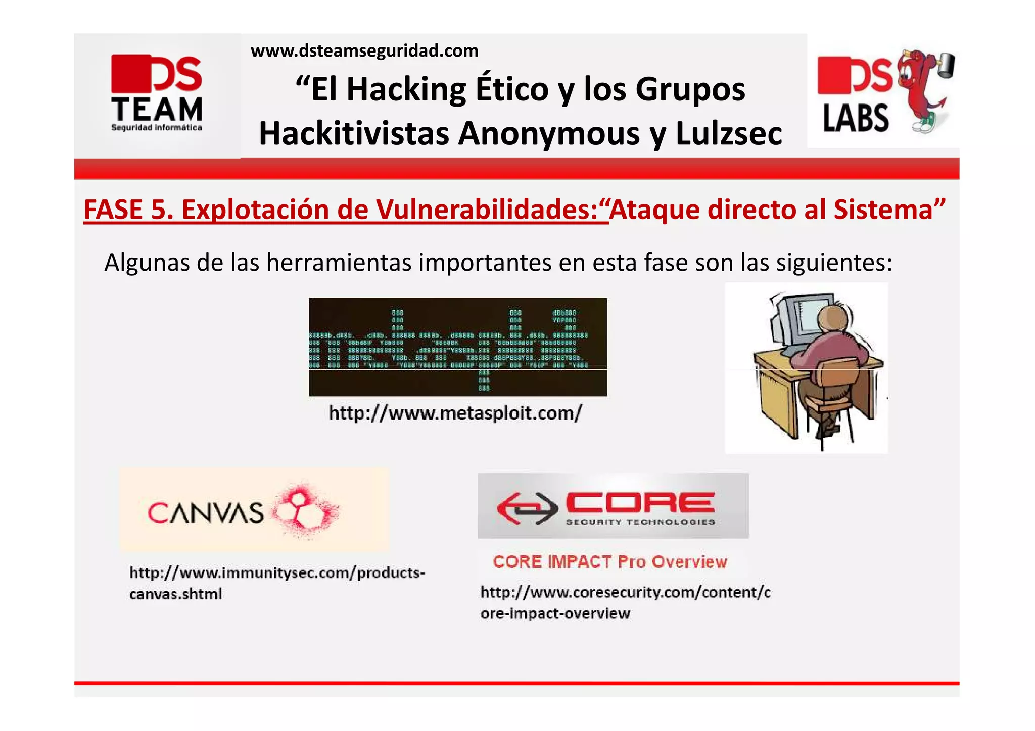 www.dsteamseguridad.com

                 “El Hacking Ético y los Grupos
               Hackitivistas Anonymous y Lulzsec

FASE 5. Explotación de Vulnerabilidades:“Ataque directo al Sistema”
 Algunas de las herramientas importantes en esta fase son las siguientes:
 