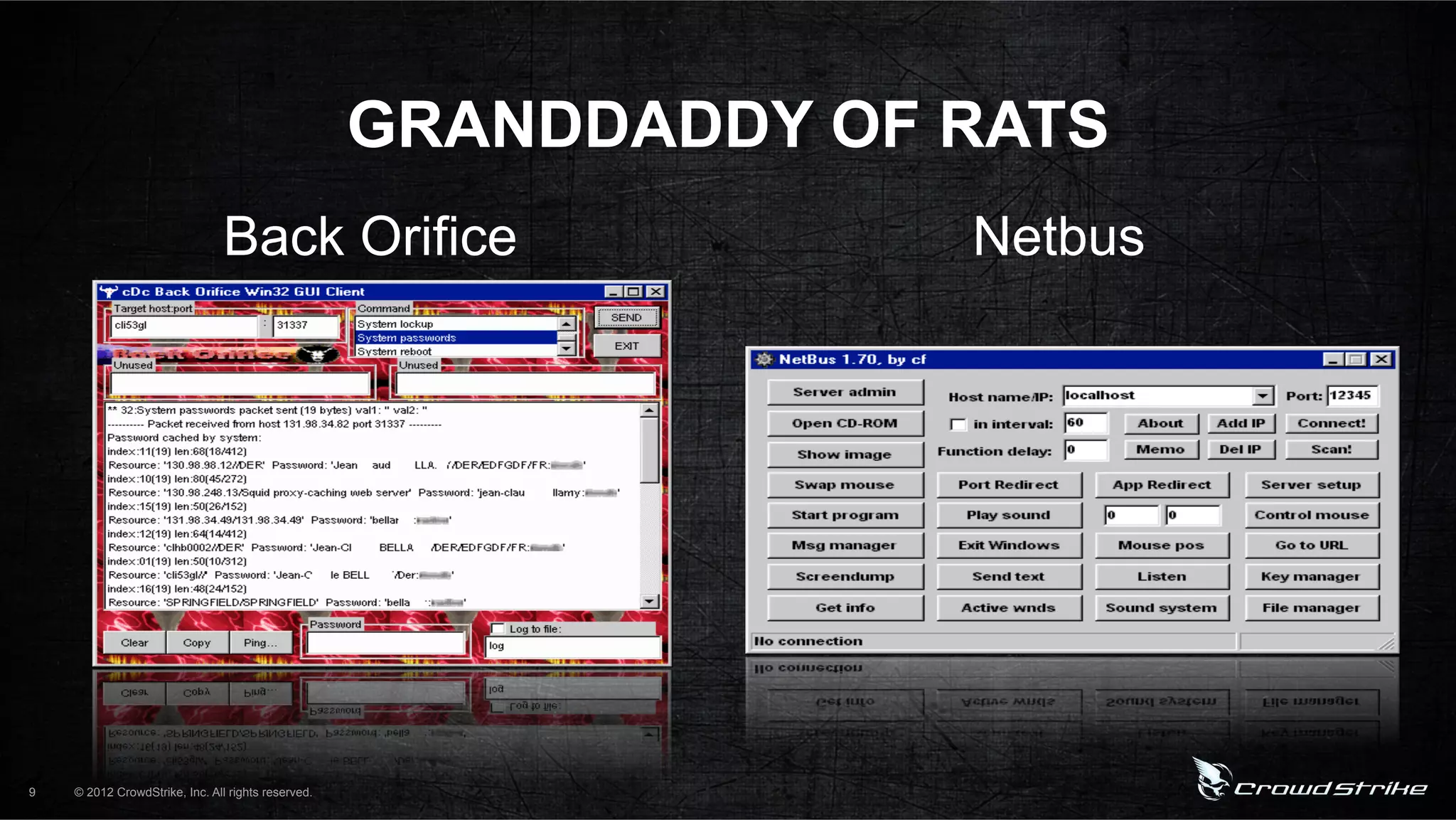 GRANDDADDY OF RATS
                                Back Orifice                      Netbus




9   © 2012 CrowdStrike, Inc. All rights reserved.
 