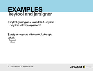 14 © 2013 Apkudo LLC. www.apkudo.com
EXAMPLES
$keytool-genkeypair-v -aliasdefault–keystore
~/.keystore–storepasspassword
$jarsigner–keystore~/.keystore ./foobar.apk
default
keytool and jarsigner
alias
 