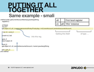 28 © 2013 Apkudo LLC. www.apkudo.com
PUTTING IT ALL
TOGETHER
Same example - smali
.method public getCurrentAccountName()Ljava/lang/String;
.registers 2
.prologue
.line 617
iget-object v0, p0, Lcom/google/android/finsky/FinskyApp;->mCurrentAccount:Landroid/accounts/Account;
if-nez v0, :cond_6
const/4 v0, 0x0
:goto_5
return-object v0
:cond_6
iget-object v0, v0, Landroid/accounts/Account;->name:Ljava/lang/String;
goto :goto_5
.end method
v0 First local register
v1 p0 ‘this’ instance
Getting this field! of type …
into this reg
 