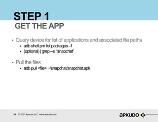 36 © 2013 Apkudo LLC. www.apkudo.com
STEP 1
 Query device for list of applications and associated file paths
 adbshellpm listpackages–f
 (optional)|grep–si“snapchat”
 Pull the files
 adbpull<file>~/snapchat/snapchat.apk
GET THE APP
 