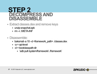 37 © 2013 Apkudo LLC. www.apkudo.com
STEP 2
 Extract classes.dexand remove keys
 unzipsnapchat.apk
 rm–r ./META-INF
 Disassemble:
 baksmali-a 10–d<framework_path> ./classes.dex
 -a=api-level
 -d=bootclasspathdir
 „adbpull/system/framework/ ./framework‟
DECOMPRESS AND
DISASSEMBLE
 