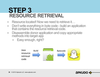 39 © 2013 Apkudo LLC. www.apkudo.com
STEP 3
 Resource located! Now we need to retrieve it…
 Don‟t write everything in byte code- build an application
that contains the resource retrieval code.
 Disassemble donor application and copy appropriate
methods into target app
 Easy enough, right?
RESOURCE RETRIEVAL
Java
resource
retrieval
code
Build Bytecode
 