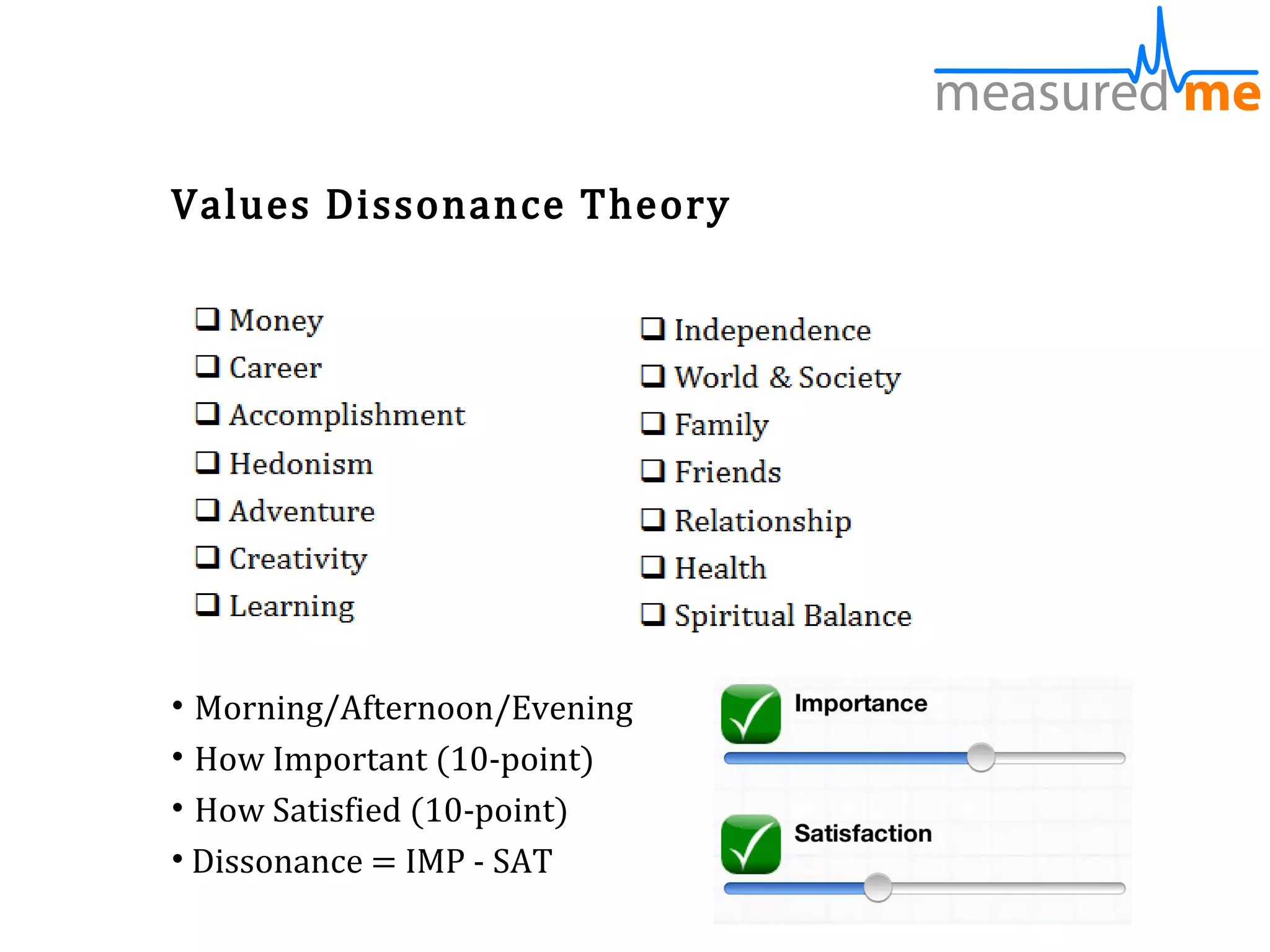 Values Dissonance Theory




• Morning/Afternoon/Evening
• How Important (10-point)
• How Satisfied (10-point)
• Dissonance = IMP - SAT
 