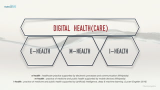 ©lucienengelen
digital health(care)
e-health m-health i-health
e-health : healthcare practice supported by electronic processes and communication (Wikipedia)
m-health : practice of medicine and public health supported by mobile devices (Wikipedia)
i-health : practice of medicine and public health supported by (artiﬁcial) intelligence, deep & machine learning. (Lucien Engelen 2016)
 