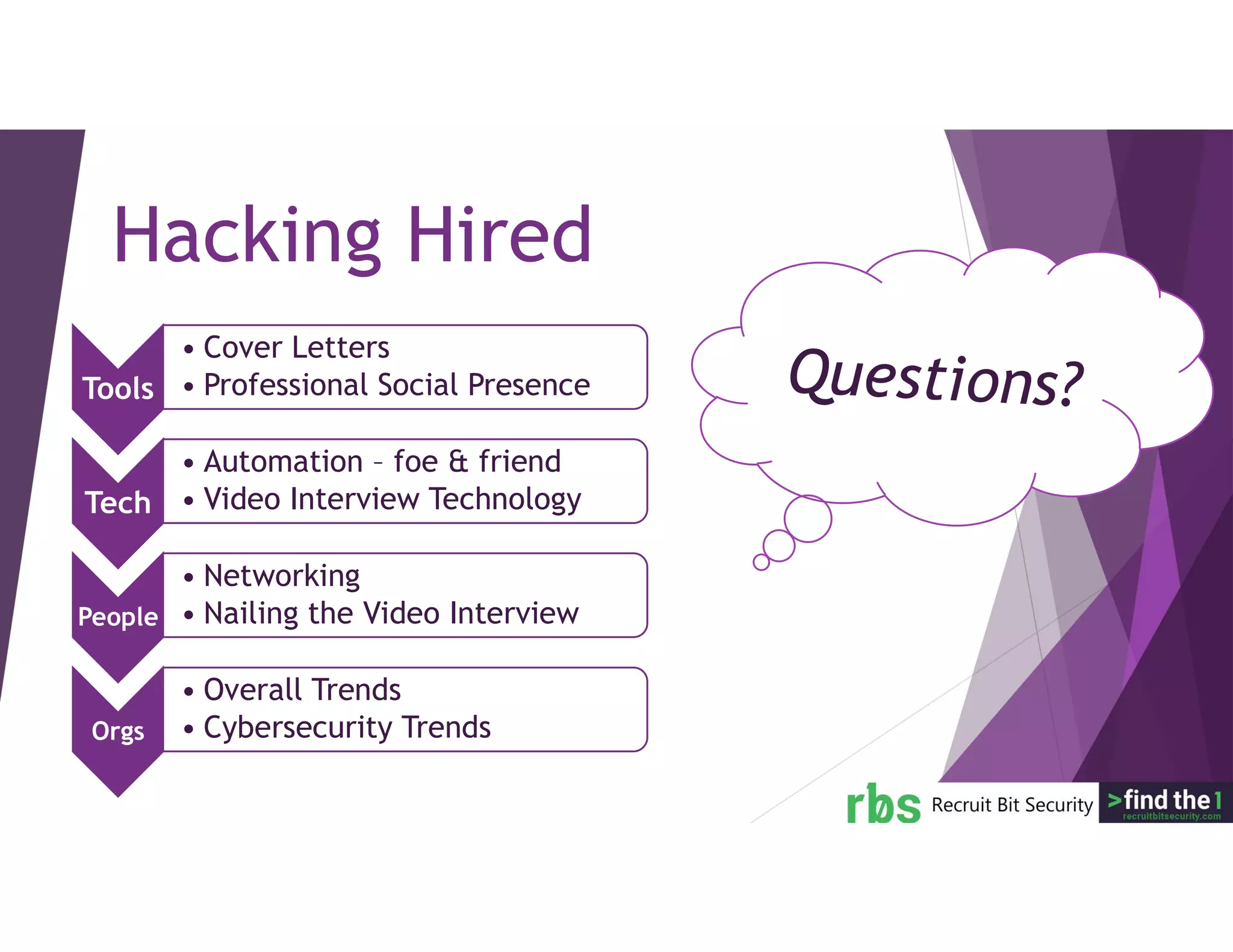 Hacking Hired
Tools
• Cover Letters
• Professional Social Presence
Tech
• Automation – foe & friend
• Video Interview Technology
People
• Networking
• Nailing the Video Interview
Orgs
• Overall Trends
• Cybersecurity Trends
 