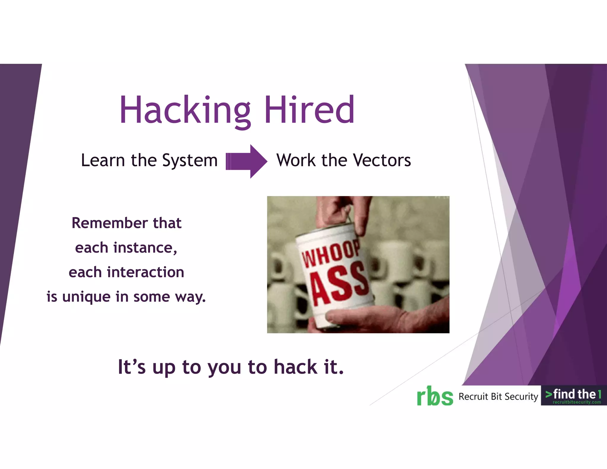 Learn the System Work the Vectors
Hacking Hired
Remember that
each instance,
each interaction
is unique in some way.
It’s up to you to hack it.
 