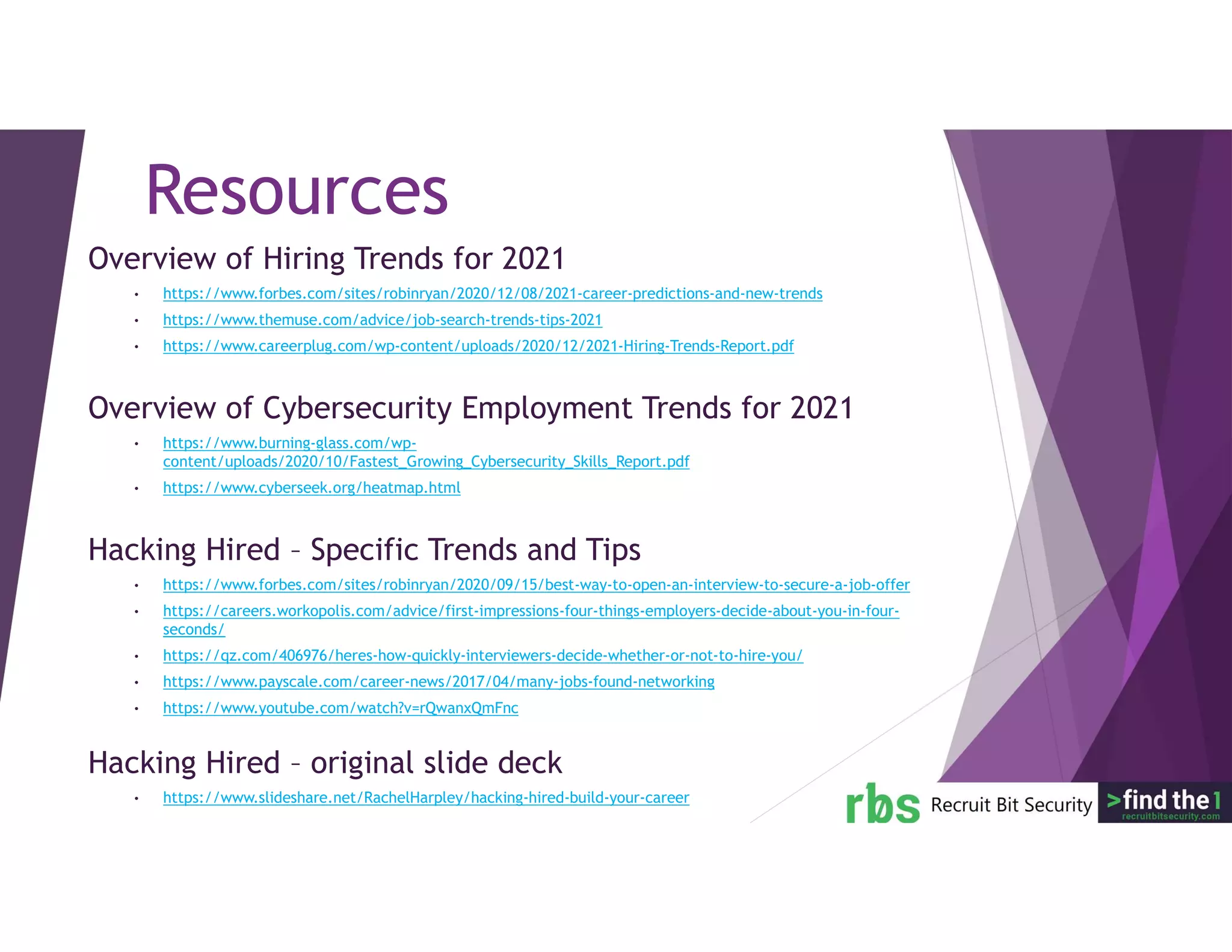 Resources
Overview of Hiring Trends for 2021
• https://www.forbes.com/sites/robinryan/2020/12/08/2021-career-predictions-and-new-trends
• https://www.themuse.com/advice/job-search-trends-tips-2021
• https://www.careerplug.com/wp-content/uploads/2020/12/2021-Hiring-Trends-Report.pdf
Overview of Cybersecurity Employment Trends for 2021
• https://www.burning-glass.com/wp-
content/uploads/2020/10/Fastest_Growing_Cybersecurity_Skills_Report.pdf
• https://www.cyberseek.org/heatmap.html
Hacking Hired – Specific Trends and Tips
• https://www.forbes.com/sites/robinryan/2020/09/15/best-way-to-open-an-interview-to-secure-a-job-offer
• https://careers.workopolis.com/advice/first-impressions-four-things-employers-decide-about-you-in-four-
seconds/
• https://qz.com/406976/heres-how-quickly-interviewers-decide-whether-or-not-to-hire-you/
• https://www.payscale.com/career-news/2017/04/many-jobs-found-networking
• https://www.youtube.com/watch?v=rQwanxQmFnc
Hacking Hired – original slide deck
• https://www.slideshare.net/RachelHarpley/hacking-hired-build-your-career
 