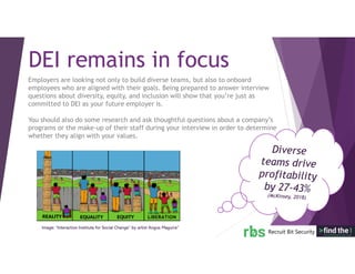 Image: “Interaction Institute for Social Change” by artist Angus Maguire”
DEI remains in focus
Employers are looking not only to build diverse teams, but also to onboard
employees who are aligned with their goals. Being prepared to answer interview
questions about diversity, equity, and inclusion will show that you’re just as
committed to DEI as your future employer is.
You should also do some research and ask thoughtful questions about a company’s
programs or the make-up of their staff during your interview in order to determine
whether they align with your values.
 