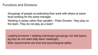 Functions and Divisions
Groupings of people co-ordinating their work with others at same
level working for the same manager
Working in series rather than parallel – Peter Drucker: “they play on
the team, They do not play as a team”
Leading functions = leading individuals (groupings not real teams,
eg they do not need daily team meetings!)
Main requirements are trust and psychological safety
 
