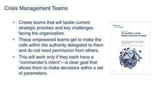 Crisis Management Teams
• Create teams that will tackle current
strategic priorities and key challenges
facing the organization.
• These empowered teams get to make the
calls within the authority delegated to them
and do not need permission from others.
• This will work only if they each have a
“commander’s intent”—a clear goal that
allows them to make decisions within a set
of parameters.
 