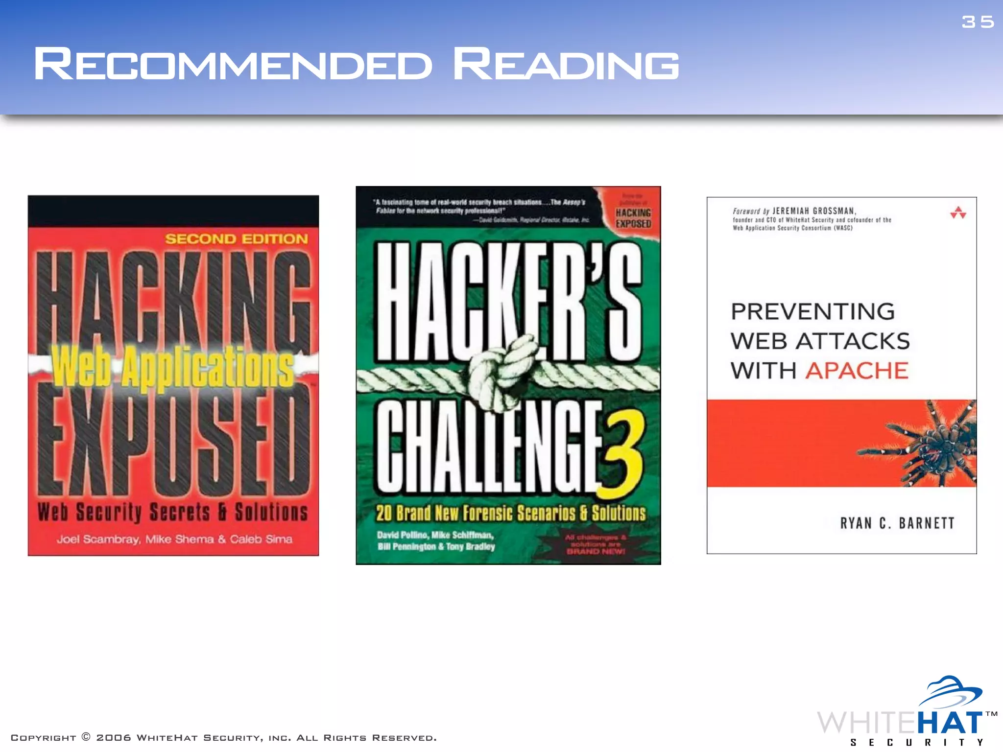 35

  Recommended Reading




Copyright © 2006 WhiteHat Security, inc. All Rights Reserved.
 