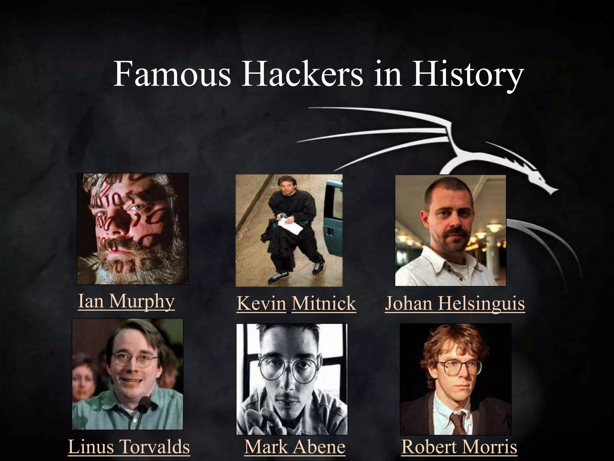 Famous Hackers in History




 Ian Murphy      Kevin Mitnick   Johan Helsinguis




Linus Torvalds   Mark Abene       Robert Morris
 