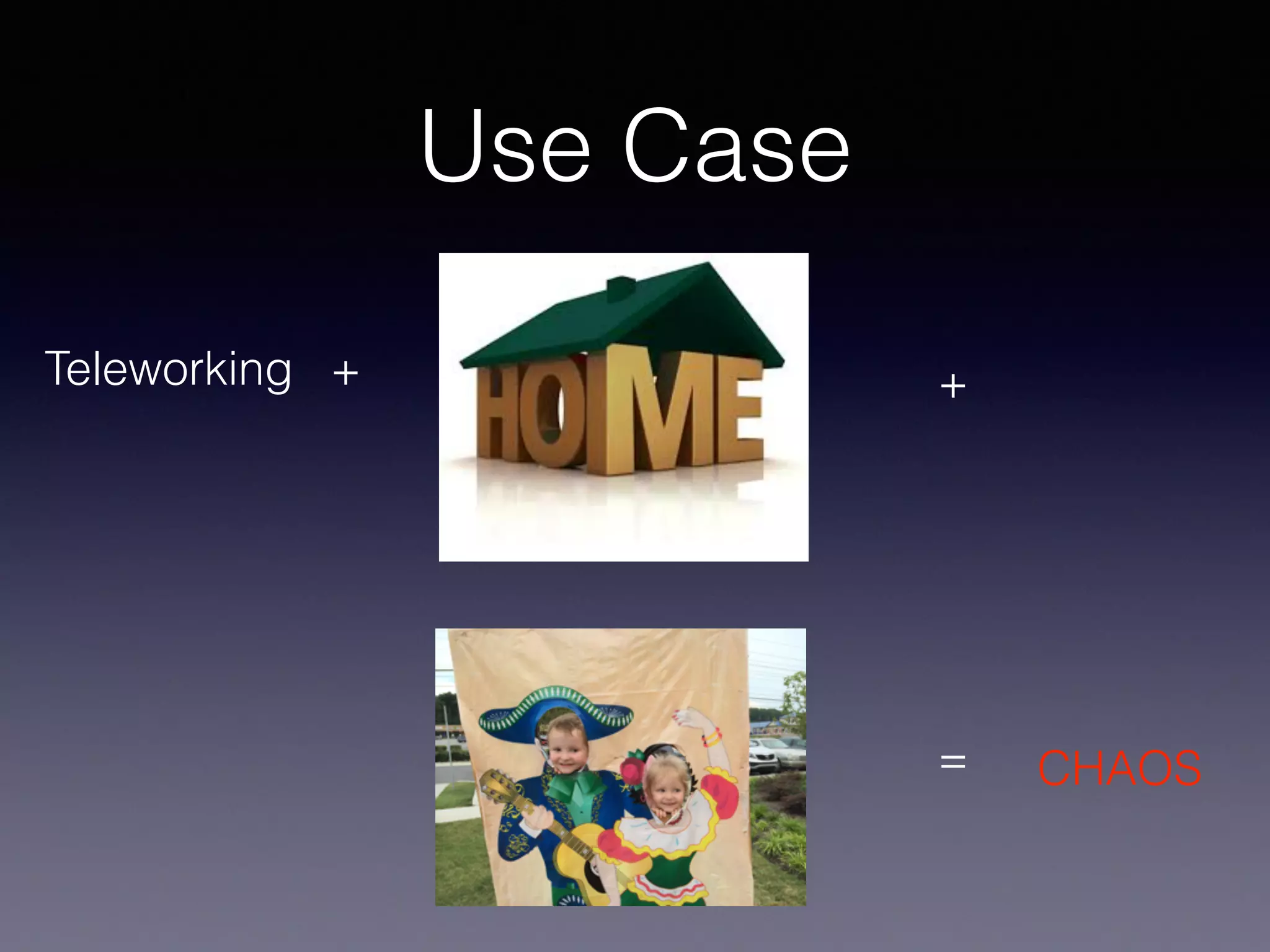 Use Case
++
= CHAOS
Teleworking
 