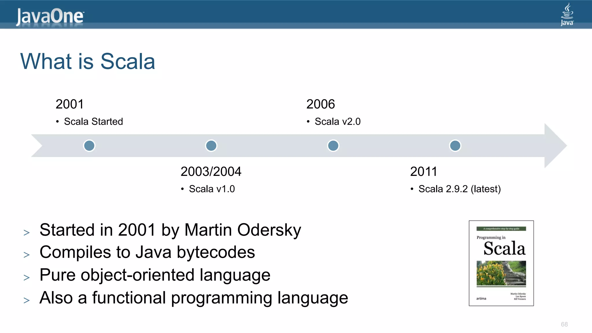 What is Scala 2001 2006 •  Scala Started •  Scala v2.0 2003/2004 2011 •  Scala v1.0 •  Scala 2.9.2 (latest) >  Started in 2001 by Martin Odersky >  Compiles to Java bytecodes >  Pure object-oriented language >  Also a functional programming language 68 