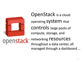 OpenStack is a cloud 
operating system that 
controls large pools of 
compute, storage, and 
networking resources 
throughout a data center, all 
managed through a dashboard … 
6 
 