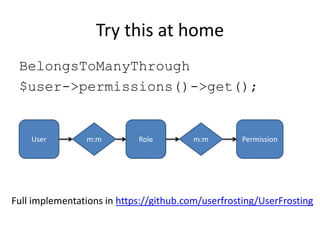Try this at home
BelongsToManyThrough
$user->permissions()->get();
User m:m Role m:m Permission
Full implementations in https://github.com/userfrosting/UserFrosting
 