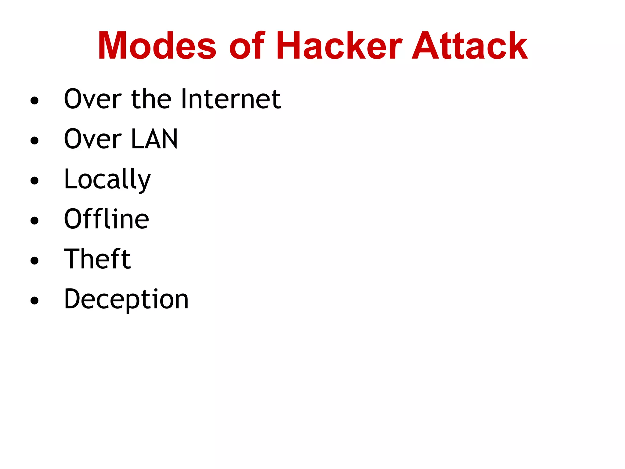 • Over the Internet
• Over LAN
• Locally
• Offline
• Theft
• Deception
Modes of Hacker Attack
 