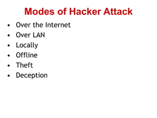 • Over the Internet
• Over LAN
• Locally
• Offline
• Theft
• Deception
Modes of Hacker Attack
 