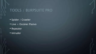 TOOLS / BURPSUITE PRO
• Spider / Crawler
• Live + Escáner Pasivo
• Repeater
• Intruder
 