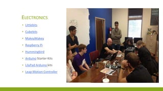ELECTRONICS
• Littlebits
• Cubelets
• MakeyMakey
• Raspberry Pi
• Hummingbird
• Arduino Starter Kits
• LilyPad Arduino kits
• Leap Motion Controller
 