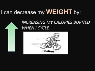 I can decrease my WEIGHT by:
INCREASING MY CALORIES BURNED
WHEN I CYCLE
 
