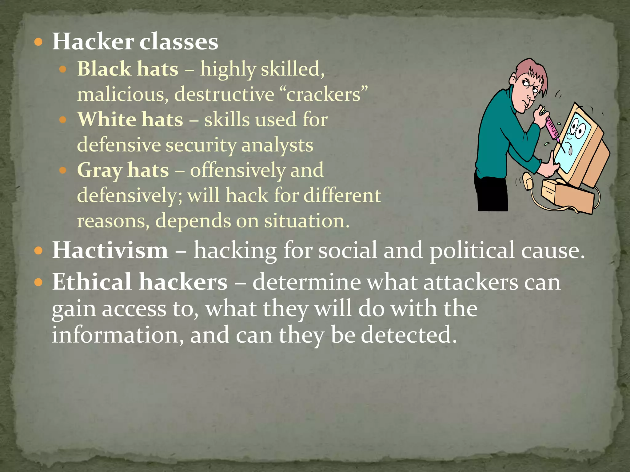 Hackers are here. Where are you? The explosive growth of the Internet has brought many good things…As with most technological advances, there is also a dark side: criminal hackers. The term “hacker” has a dual usage in the computer industry today. Originally, the term was defined as: HACKER:1. A person who enjoys learning the details of computer systems and how to stretch their capabilities…. 2. One who programs enthusiastically or who enjoys programming rather than just theorizing about programming. 