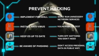 PREVENT HACKING
IMPLEMENT FIREWALL
BE AWARE OF PHISHING
KEEP OS UP TO DATE
INSTALL ANTI-VIRUS VULNERABILITY TEST
DON’T RUN...