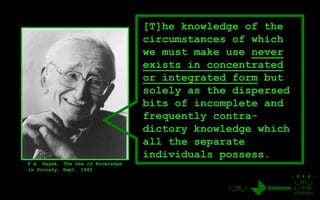 - # # # -
|_|0|_|
|_|0|0|
|0|0|0|
|_35_|
[T]he knowledge of the
circumstances of which
we must make use never
exists in concentrated
or integrated form but
solely as the dispersed
bits of incomplete and
frequently contra-
dictory knowledge which
all the separate
individuals possess.
F.A. Hayek, The Use of Knowledge
in Society, Sept. 1945
 