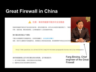 Great Firewall in China




                          Fang Binxing, Chief
                          engineer of the Great
                          Firewall
 