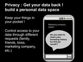 Privacy : Get your data back !
build a personal data space
Keep your things in
your pocket !
                         Maketing company
                         asked :
Control access to your
data through different    Do you want to
                          share your
requests (family,         browsing history
                          for $10 per
friends, boss,            month?
marketing company,
etc.)
 