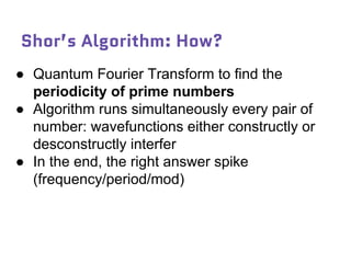 Shor’s Algorithm: How?
● Quantum Fourier Transform to find the
periodicity of prime numbers
● Algorithm runs simultaneously every pair of
number: wavefunctions either constructly or
desconstructly interfer
● In the end, the right answer spike
(frequency/period/mod)
 