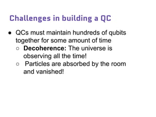 Challenges in building a QC
● QCs must maintain hundreds of qubits
together for some amount of time
○ Decoherence: The universe is
observing all the time!
○ Particles are absorbed by the room
and vanished!
 