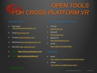 OPEN TOOLS
FOR CROSS-PLATFORM VR
4/21/2015http://www.tonyparisi.com
game engines/IDEs
Goo Engine
*http://www.gootechnologies.com/
Verold http://verold.com/ *
Turbulenz https://turbulenz.com/
PlayCanvas http://www.playcanvas.com/
Sketchfab https://sketchfab.com/
Unreal *https://www.unrealengine.com/
Unity * http://unity3d.com/#unity-5
scene graph libraries/page frameworks
Three.js
http://threejs.org/
SceneJS
http://scenejs.org/
BabylonJS
http://www.babylonjs.com/
GLAM
https://github.com/tparisi/glam
video players
eleVR
https://github.com/hawksley/eleVR-Web-Player
Littlstar
https://github.com/littlstar/slant-player
* not open source
 