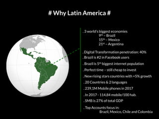 # Why Latin America #
. Brazil is 5th biggest internet population
. Brazil is #2 in Facebook users
. 3 world’s biggest economies
9th – Brazil
15th – Mexico
21st – Argentina
. Digital Transformation penetration: 40%
. Perfect time – still cheap to invest
. New rising stars countries with +5% growth
. 20 Countries & 2 languages
. 239,1M Mobile phones in 2017
. In 2017 - 114,84 mobile/100 hab.
. SMB is 27% of total GDP
. Top Accounts focus in:
Brazil, Mexico, Chile and Colombia
 