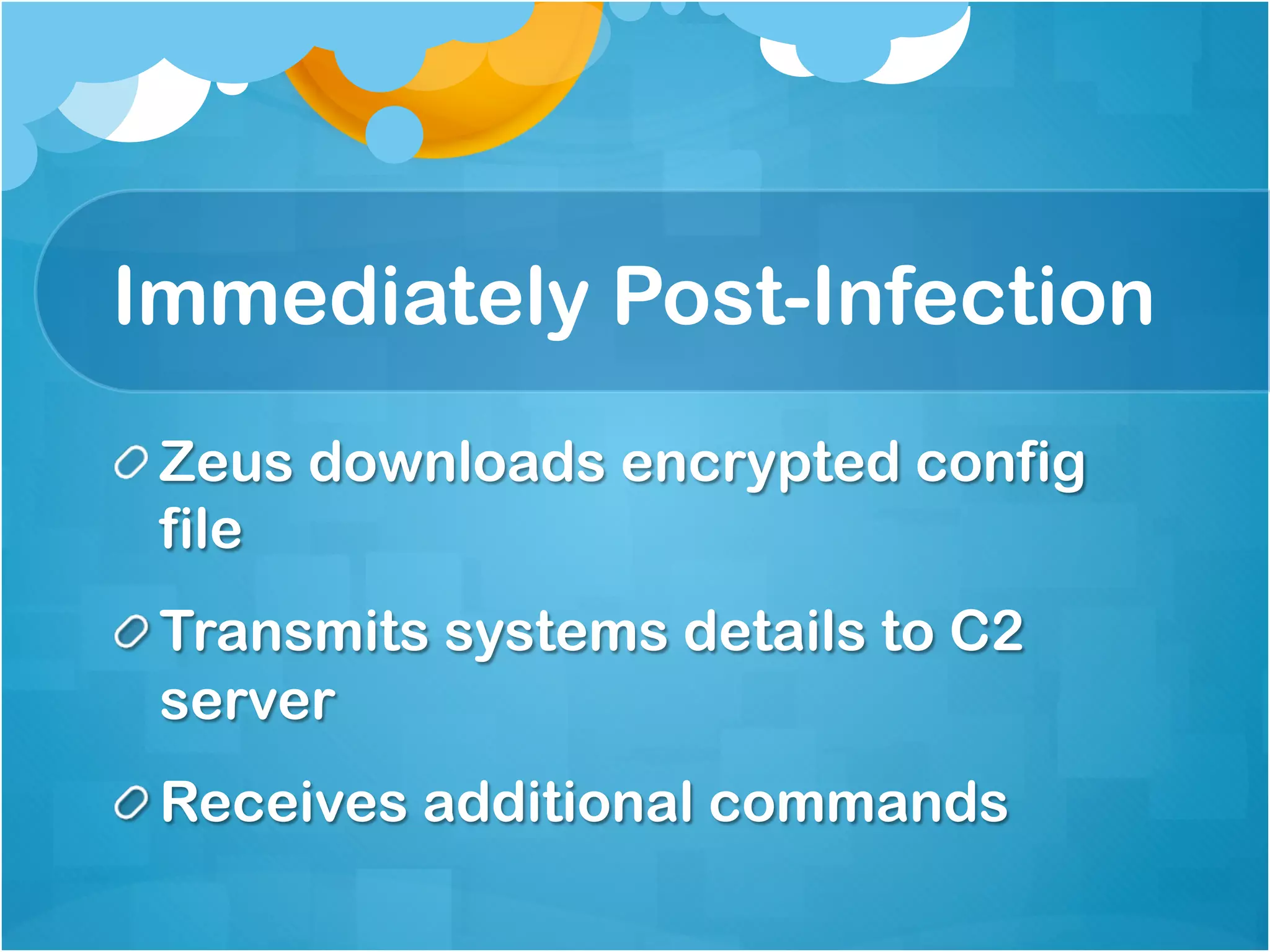 Immediately Post-Infection
!  Zeus downloads encrypted config
   file
!  Transmits systems details to C2
   server
!  Receives additional commands
 