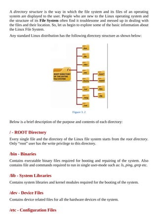 A	 directory	structure	 is	 the	 way	 in	 which	 the	 file	 system	 and	 its	 files	 of	 an	 operating
system	are	displayed	to	the	user.	People	who	are	new	to	the	Linux	operating	system	and
the	structure	of	its	File	System	often	find	it	troublesome	and	messed	up	in	dealing	with
the	files	and	their	location.	So,	let	us	begin	to	explore	some	of	the	basic	information	about
the	Linux	File	System.
Any	standard	Linux	distribution	has	the	following	directory	structure	as	shown	below:
	
Figure	3.	2
	
Below	is	a	brief	description	of	the	purpose	and	contents	of	each	directory:
	
/	-	ROOT	Directory
Every	single	file	and	the	directory	of	the	Linux	file	system	starts	from	the	root	directory.
Only	“root”	user	has	the	write	privilege	to	this	directory.
	
/bin	-	Binaries
Contains	executable	binary	files	required	for	booting	and	repairing	of	the	system.	Also
contains	file	and	commands	required	to	run	in	single	user-mode	such	as:	ls,	ping,	grep	etc.
	
/lib	-	System	Libraries
Contains	system	libraries	and	kernel	modules	required	for	the	booting	of	the	system.
	
/dev	-	Device	Files
Contains	device	related	files	for	all	the	hardware	devices	of	the	system.
	
/etc	-	Configuration	Files
 