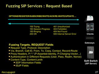 27#occupygezi
Fuzzing SIP Services : Request Based
Soft Switch
(SIP Server)
Clients
Gateways
OPTIONS/REGISTER/SUBSCRIBE/INVITE/ACK/RE-INVITE/UPDATE....
401 Unauthorized
403 Forbidden
404 Not Found
500 Internal Server Error
Fuzzing Targets, REQUEST Fields
Request Type, Protocol, Description
Via, Branch, Call-ID, From, To, Cseq, Contact, Record-Route
Proxy Headers, P-*-* (P-Asserted-Identity, P-Charging-Vector...)
Authentication in Different Requests (User, Pass, Realm, Nonce)
Content-Type, Content-Lenth
SDP Information Fields
ISUP Fields
100 Trying
183 Session Progress
180 Ringing
200 OK
 