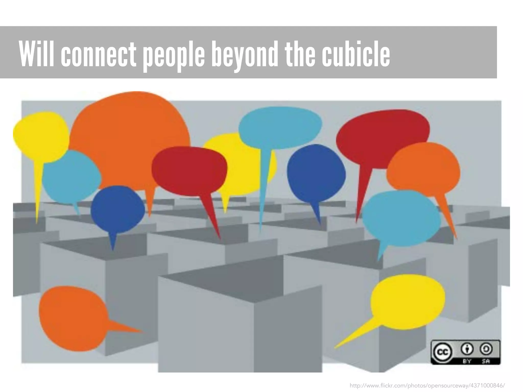 Will connect people beyond the cubicle

http://www.flickr.com/photos/opensourceway/4371000846/

 