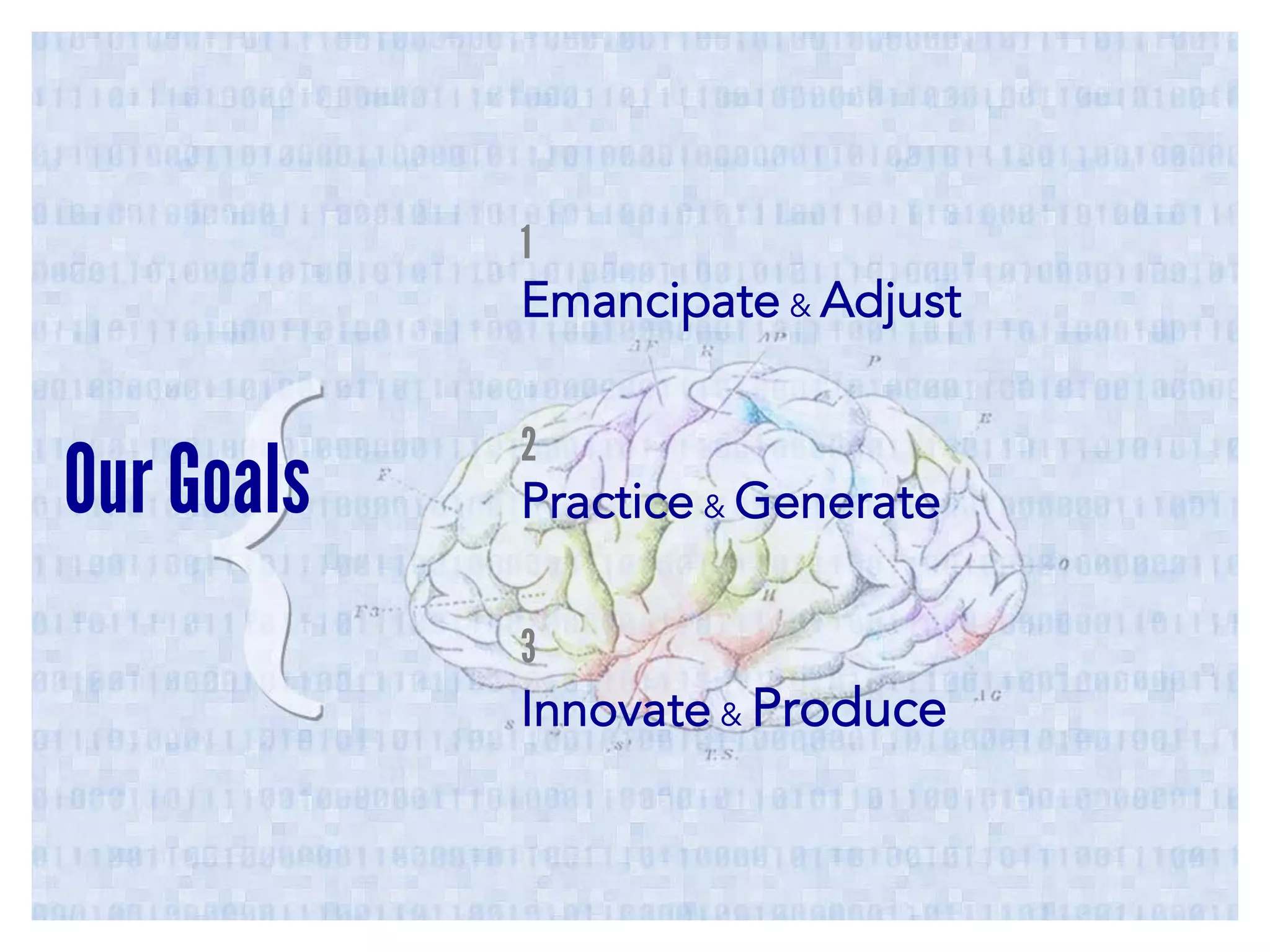 1

Emancipate & Adjust

Our Goals

2

Practice & Generate
3

Innovate & Produce

 