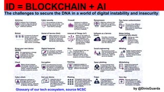 Glossary of our tech ecosystem, source NCSC
ID = BLOCKCHAIN + AI
by @DinisGuarda
The challenges to secure the DNA in a wor...