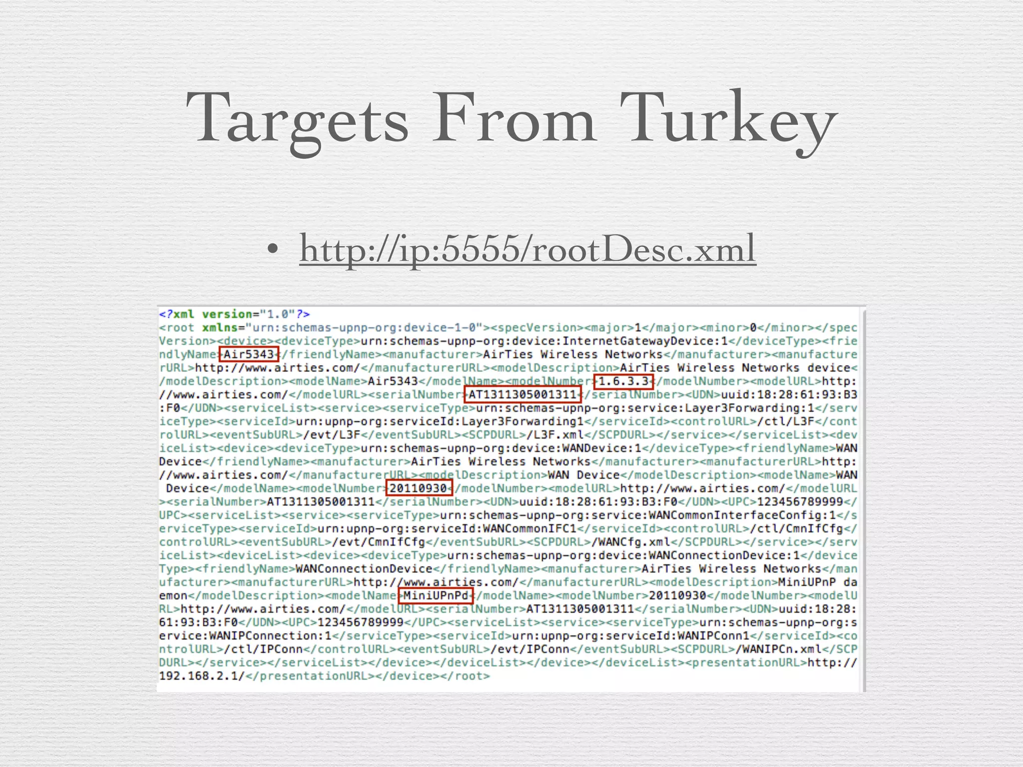 Targets From Turkey
• http://ip:5555/rootDesc.xml
 