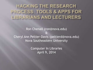 Ron Chenail (ron@nova.edu) 
& 
Cheryl Ann Peltier-Davis (peltierd@nova.edu) 
Nova Southeastern University 
Computer In Libraries 
April 9, 2014 
 