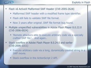 Exploits in Flash Flash v6 ActiveX Malformed SWF Header (CVE-2005-2628) Malformed SWF header with a modified frame type identifier. Flash still fails to validate SWF file format. Now 3 years after original .SWF file format bug found. Multiple unspecified vulnerabilities in Adobe Flash Player 8.0.22.0 (CVE-2006-0024) ‘ Remote attackers able to execute arbitrary code via a specially crafted SWF file.’..  And again..  Stack overflow in Adobe Flash Player 8.0.24.0 and earlier (CVE-2006-3311) Execute arbitrary code via a long, dynamically created string in a SWF movie. Stack overflow in the ActionScript 2 API. 
