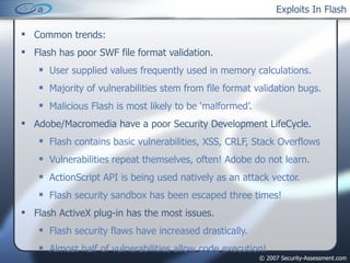 Exploits In Flash Common trends: Flash has poor SWF file format validation. User supplied values frequently used in memory calculations. Majority of vulnerabilities stem from file format validation bugs. Malicious Flash is most likely to be ‘malformed’. Adobe/Macromedia have a poor Security Development LifeCycle. Flash contains basic vulnerabilities, XSS, CRLF, Stack Overflows Vulnerabilities repeat themselves, often! Adobe do not learn. ActionScript API is being used natively as an attack vector. Flash security sandbox has been escaped three times! Flash ActiveX plug-in has the most issues. Flash security flaws have increased drastically. Almost half of vulnerabilities allow code execution! 